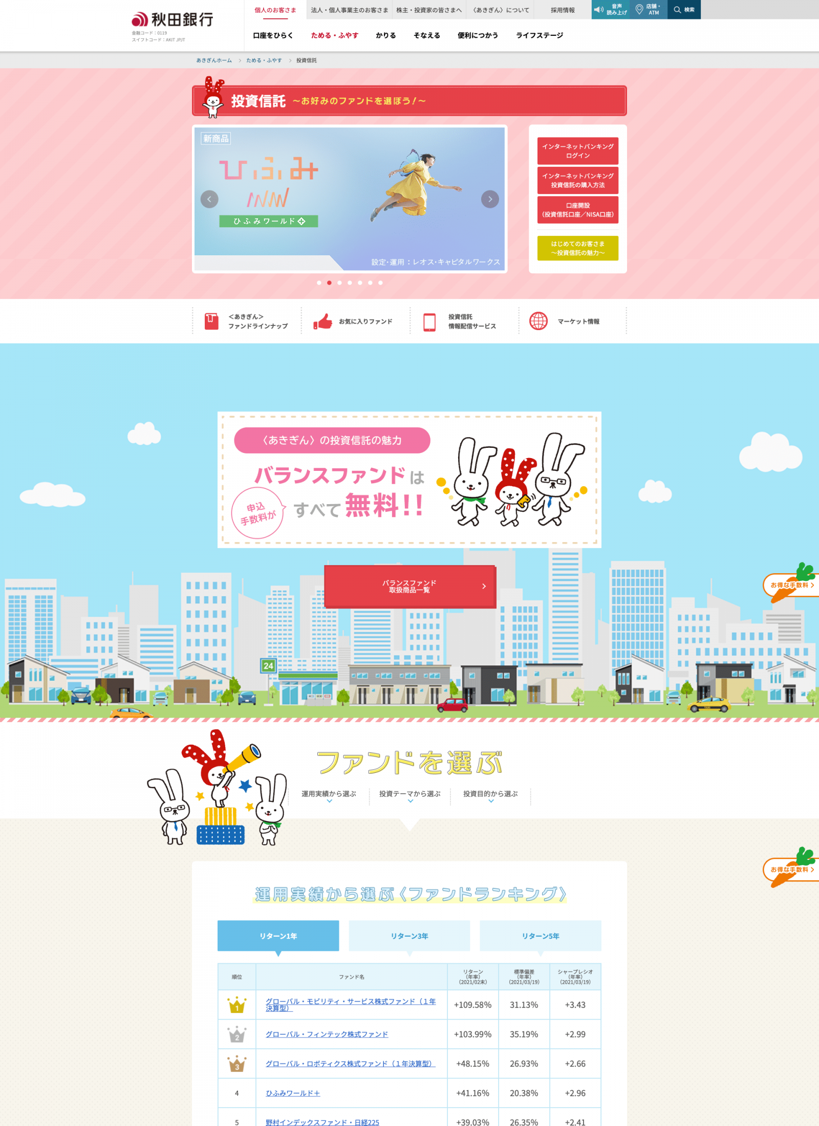 秋田銀行様投資信託サービスページデスクトップトップ画像